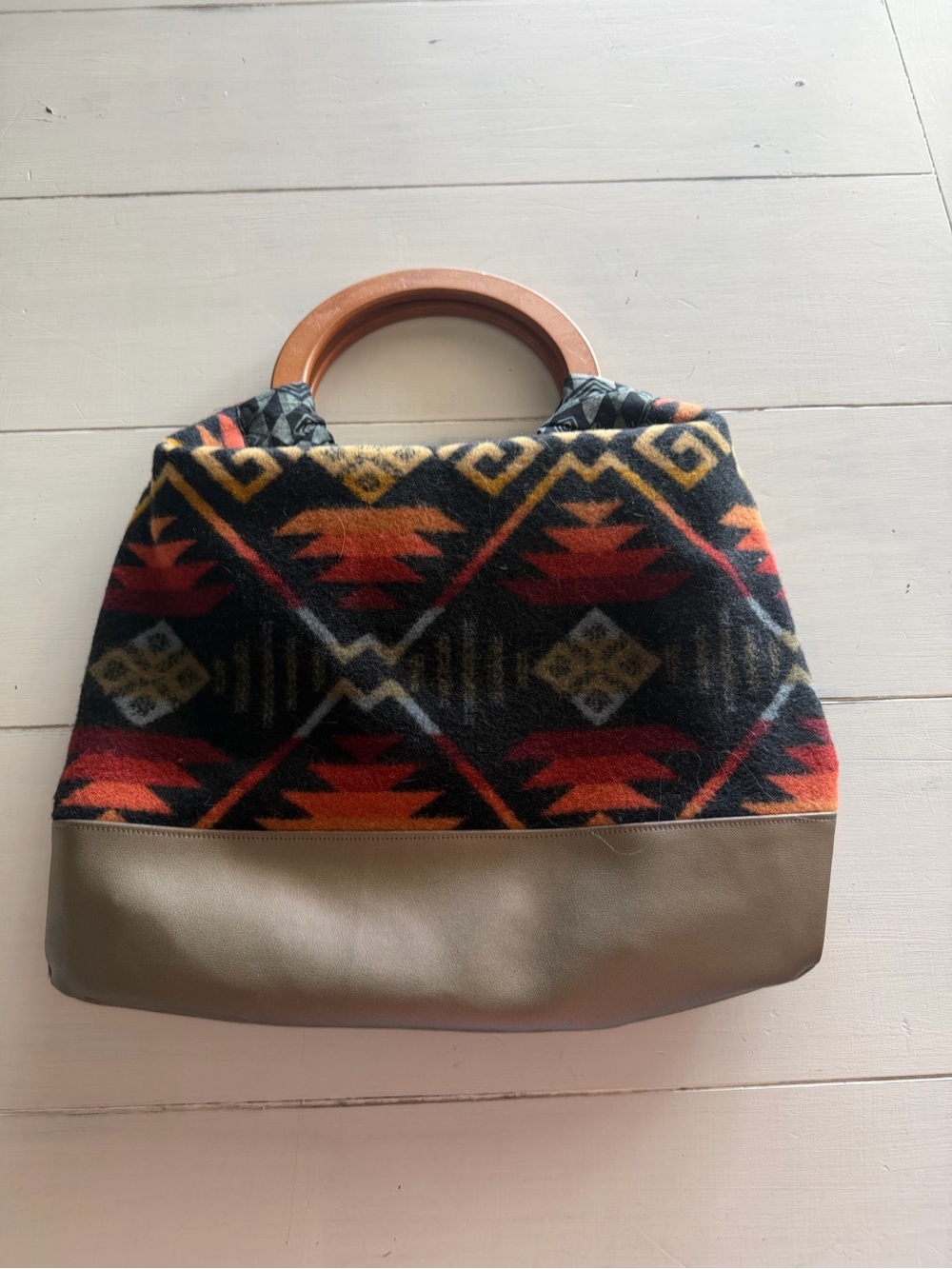 Wood-Handle Aztec Pattern Tote Bag Boho Festival Western Y2K Vintage 90s Tribal